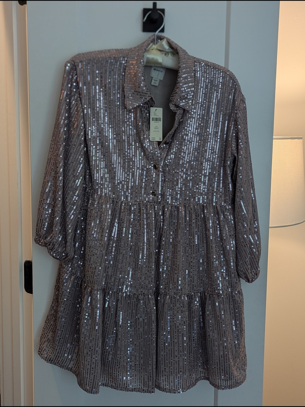 Maeve Anthropologie Sequin Tiered Mini Dress in Taupe Silver